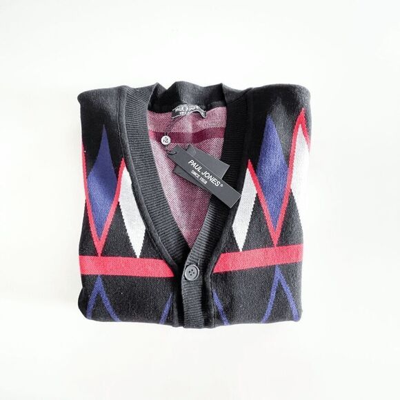 NWT Paul Jones Mens Geometric V-Neck Button Front Cardigan Sweater Black Medium - Picture 3 of 8
